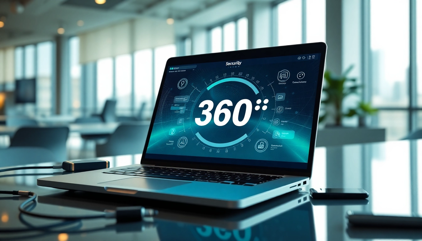 Download 360安全浏下载 on a modern laptop in a clean workspace with city views.