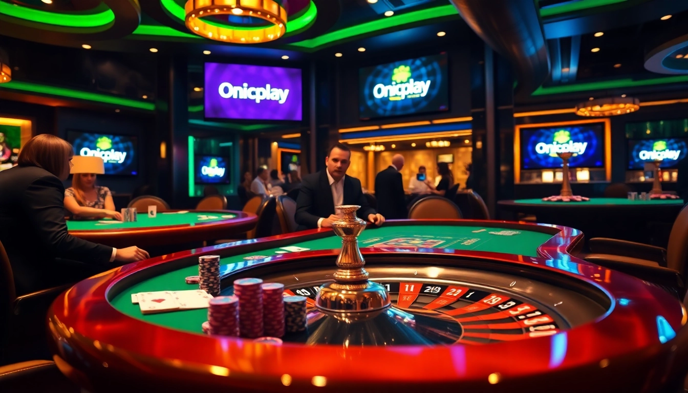 Players strategizing in a high-stakes casino scene featuring Onicplay gaming elements.