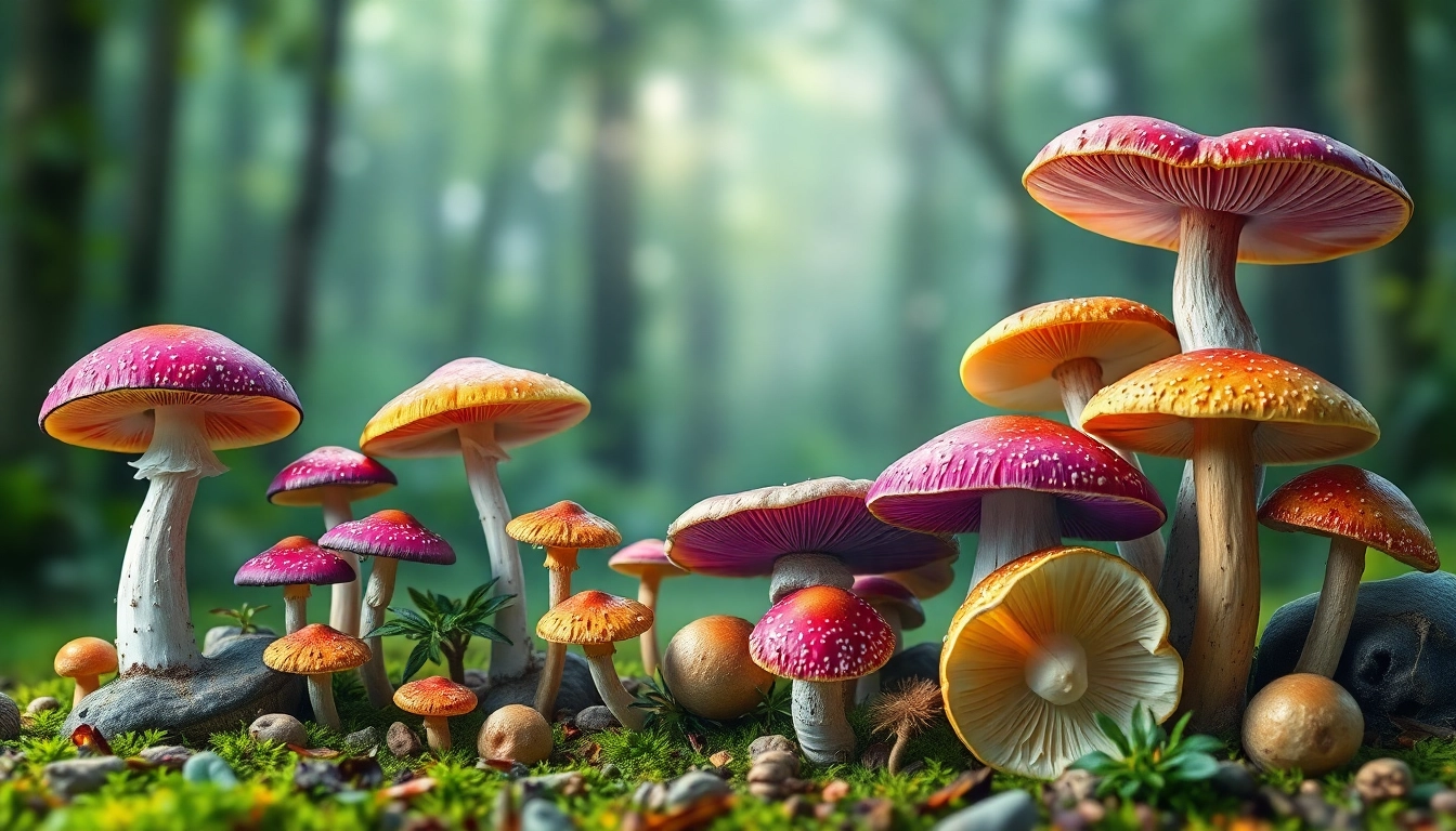 Buy psychedelics online Canada with vibrant mushroom display against a serene forest backdrop.