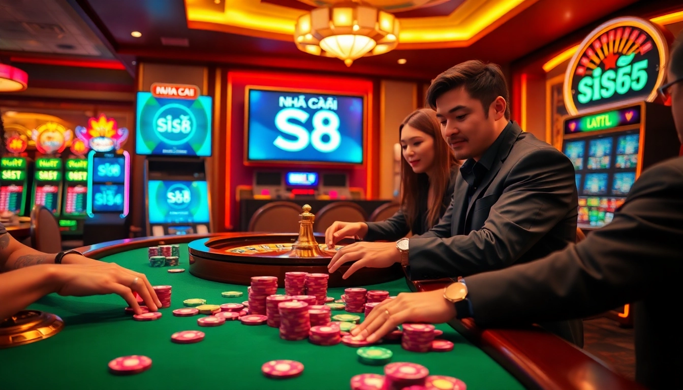 Experience the thrill of Nhà Cái S8 with excited players at a vibrant casino poker table.