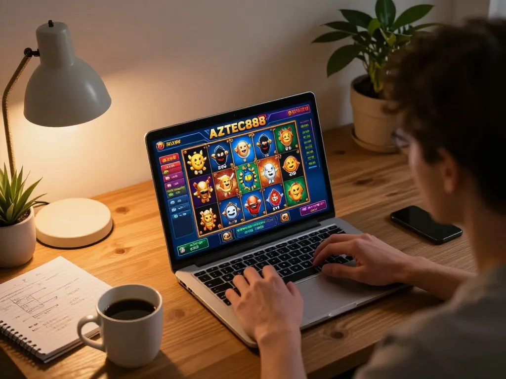 Player engages with AZTEC888 slot games on laptop, enjoying a strategic and cozy online gaming experience.