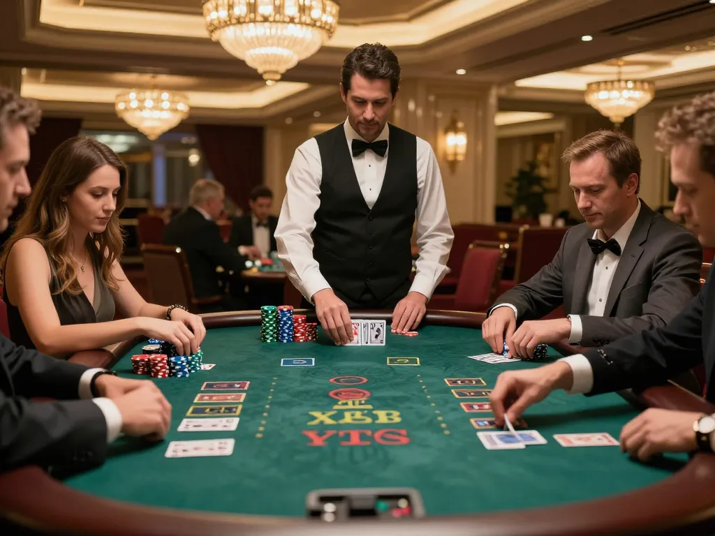 MAY88 blackjack players intensively strategizing bets at an elegant casino table.