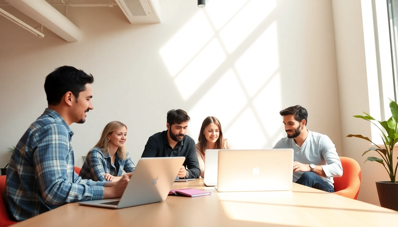 Desenvolvimento de Sites com uma equipe colaborativa em um ambiente moderno e criativo.