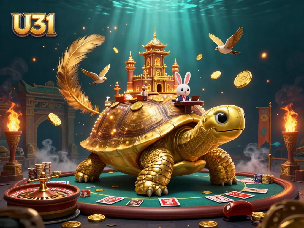 Experience the thrill of U31 with a golden tortoise casino featuring a rabbit dealer and vibrant game elements.