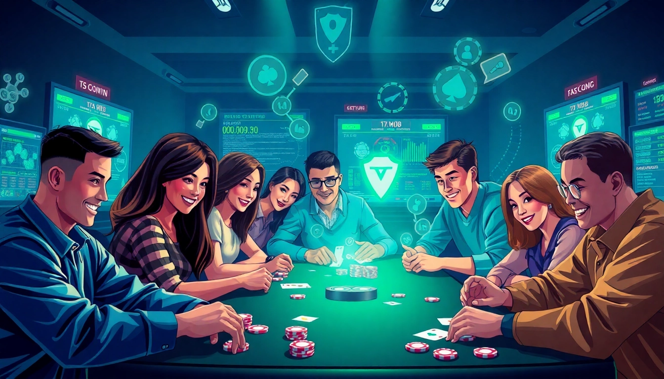 Exciting gaming atmosphere at 68 Game Bài featuring diverse players and digital security.