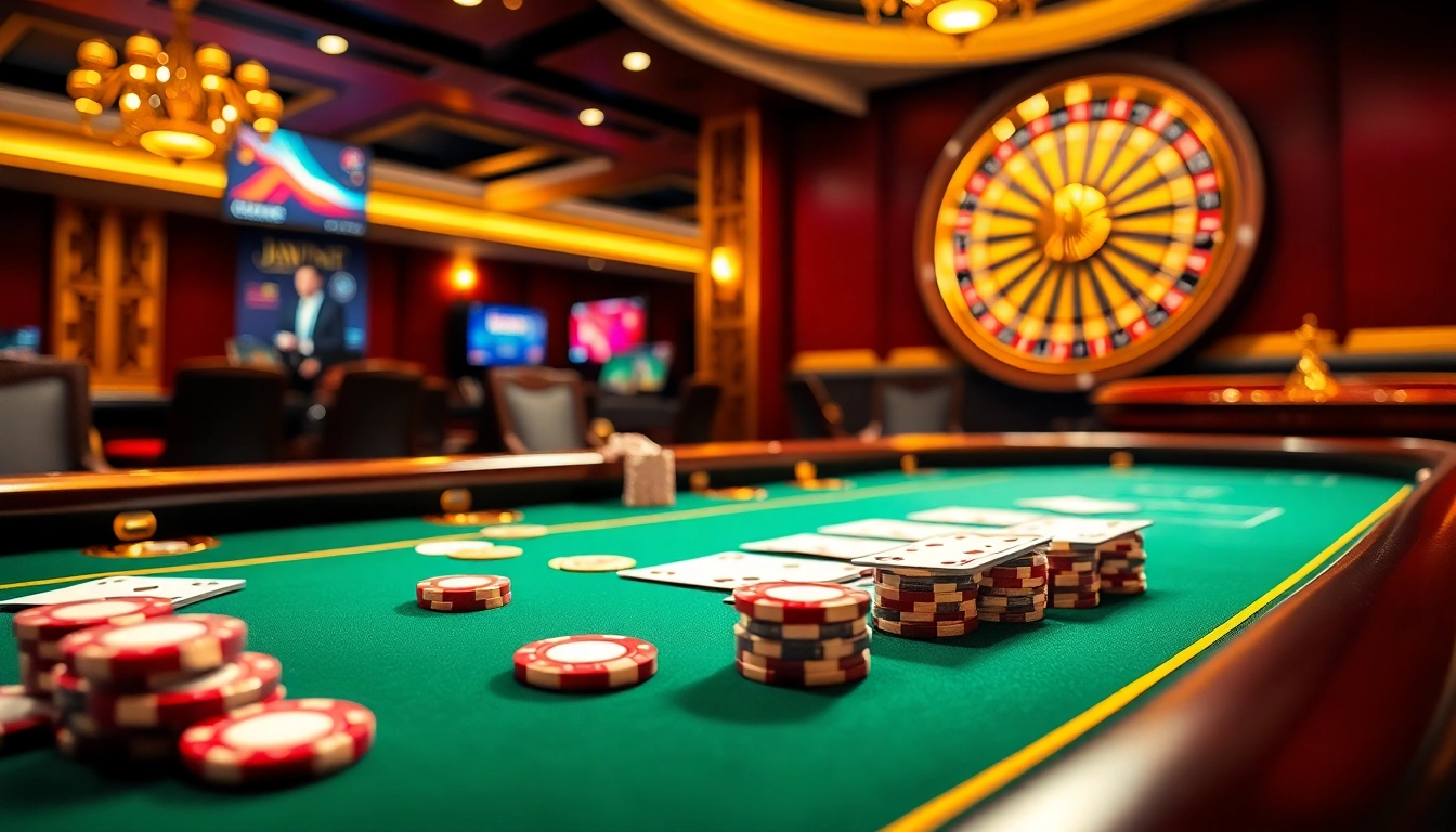IWIN casino scene showcasing high-stakes poker with vibrant roulette wheel, inviting gamblers to play.