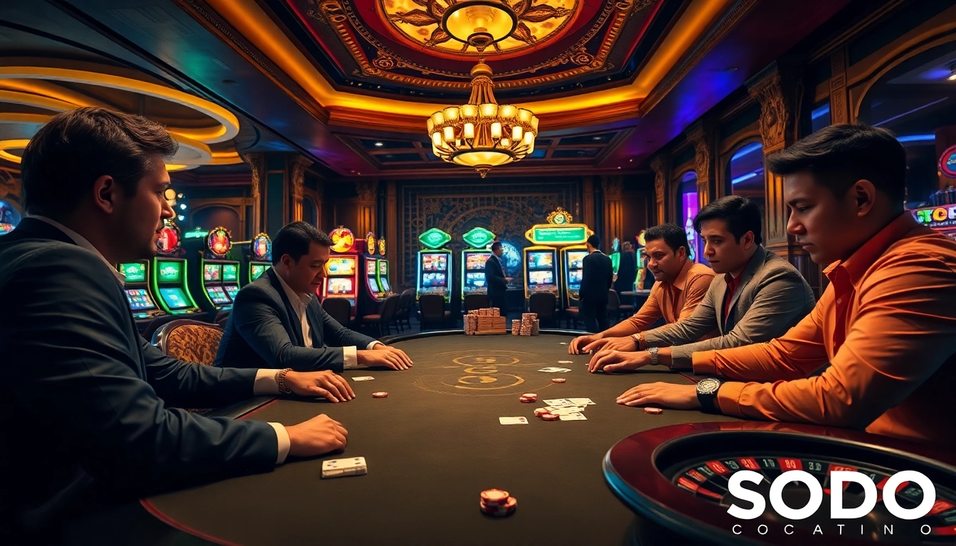 Dynamic poker action at SODO Casino, showcasing intense gameplay with colorful casino elements.