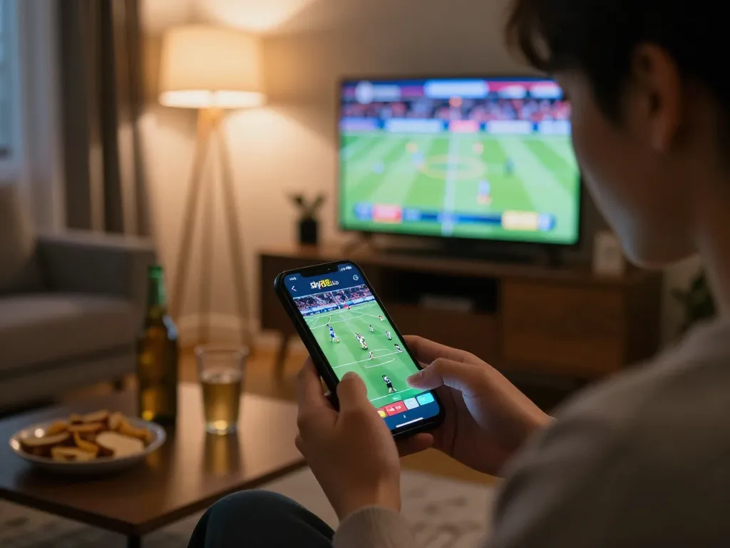 Engaging in live sports betting on sky88 club app in a cozy living room.