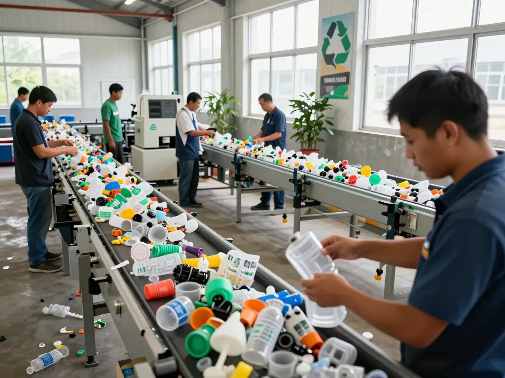 Workers efficiently tháo ép plastic in a recycling facility, showcasing sustainable practices.