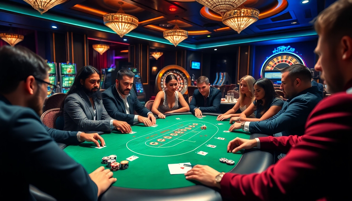 Experience the thrill of Hitclub as players compete at a vibrant poker table under warm casino lights.