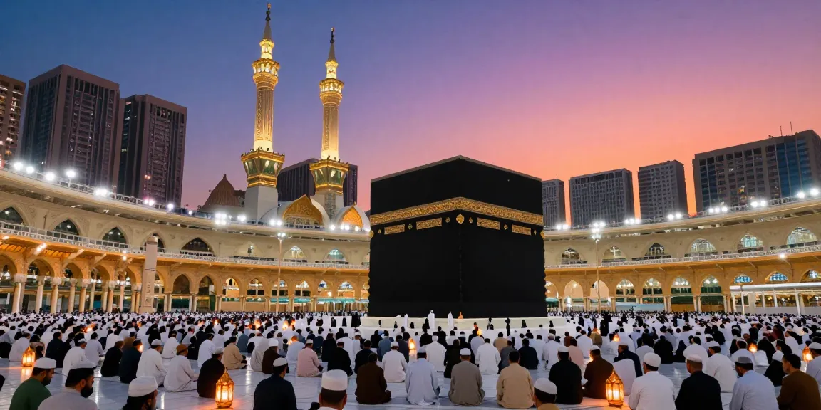 Experience Umroh Ramadhan in a breathtaking sunset scene at Masjidil Haram, capturing the spiritual essence of travel.