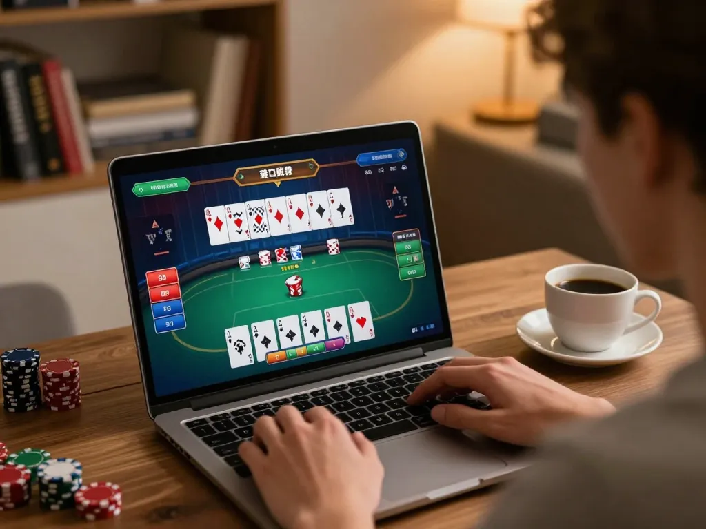 Engaged player using fly88 com for poker strategy in a cozy home setting.