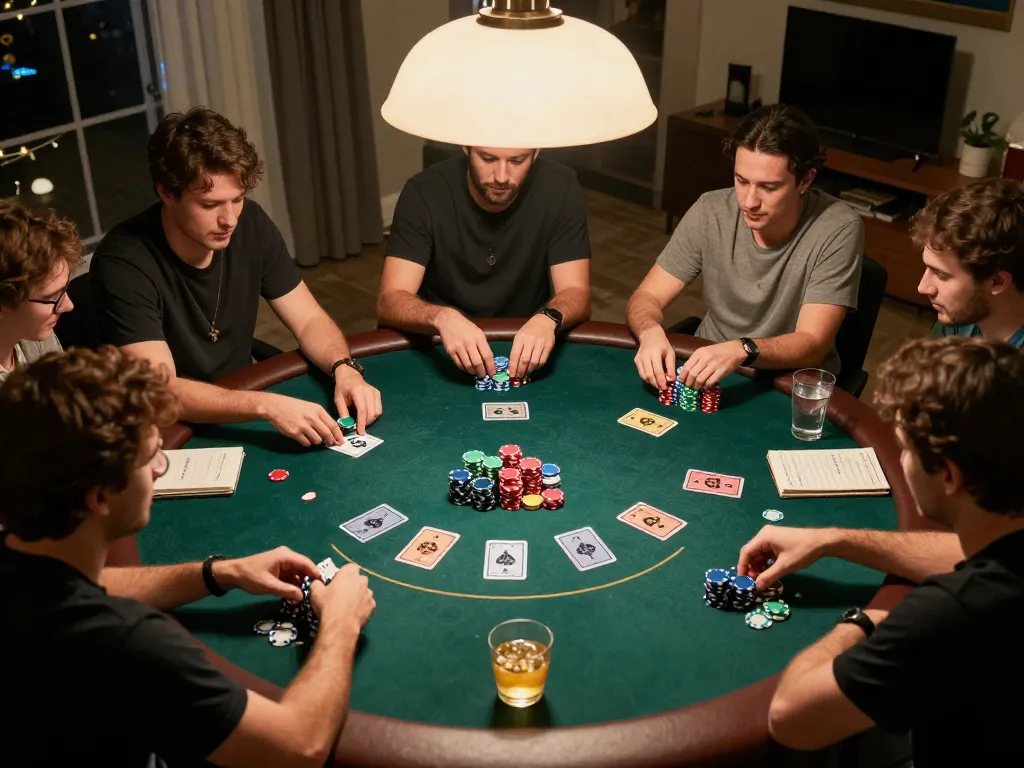 Players enjoying a lively poker night at home, showcasing strategies and excitement in sites not on gamstop.
