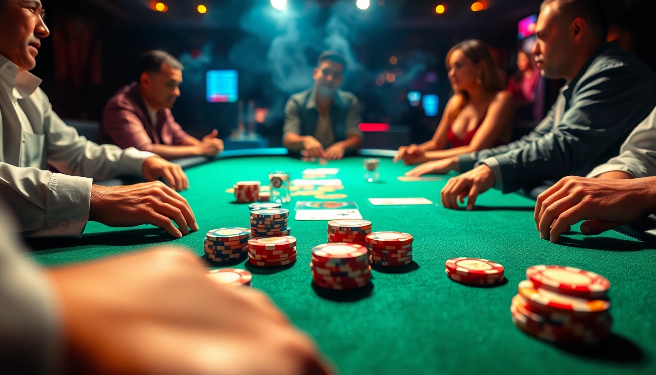 Bermain ibet44 di meja poker yang ramai dengan suasana kasino yang mendebarkan.