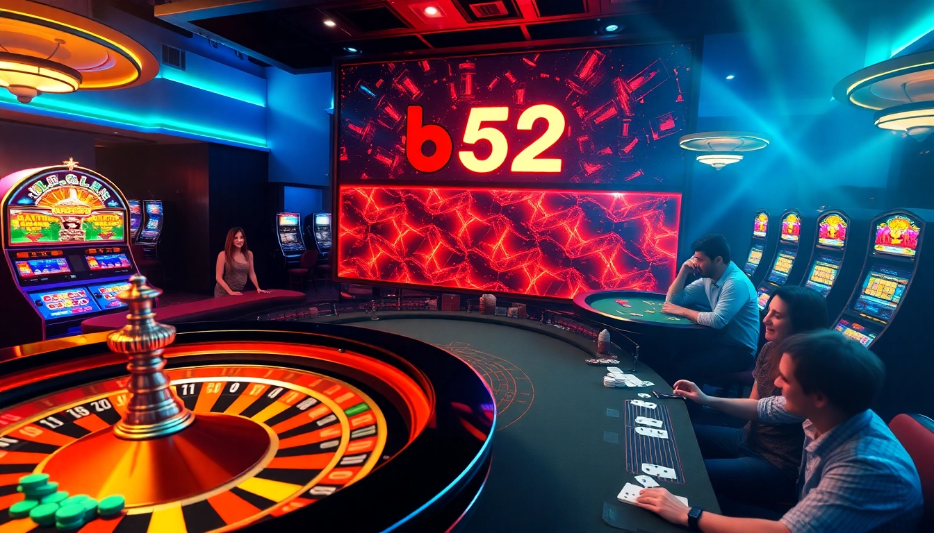 Players enjoying casino games at b52club with vibrant tables and slot machines.