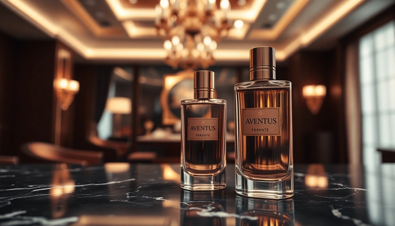 Aventus perfume bottle displayed elegantly on a marble surface with a blurred background.