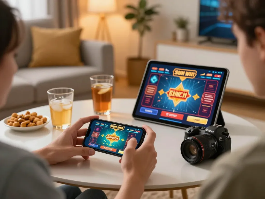 Experience the thrill of Sun Win gaming on mobile devices in a cozy home setting.