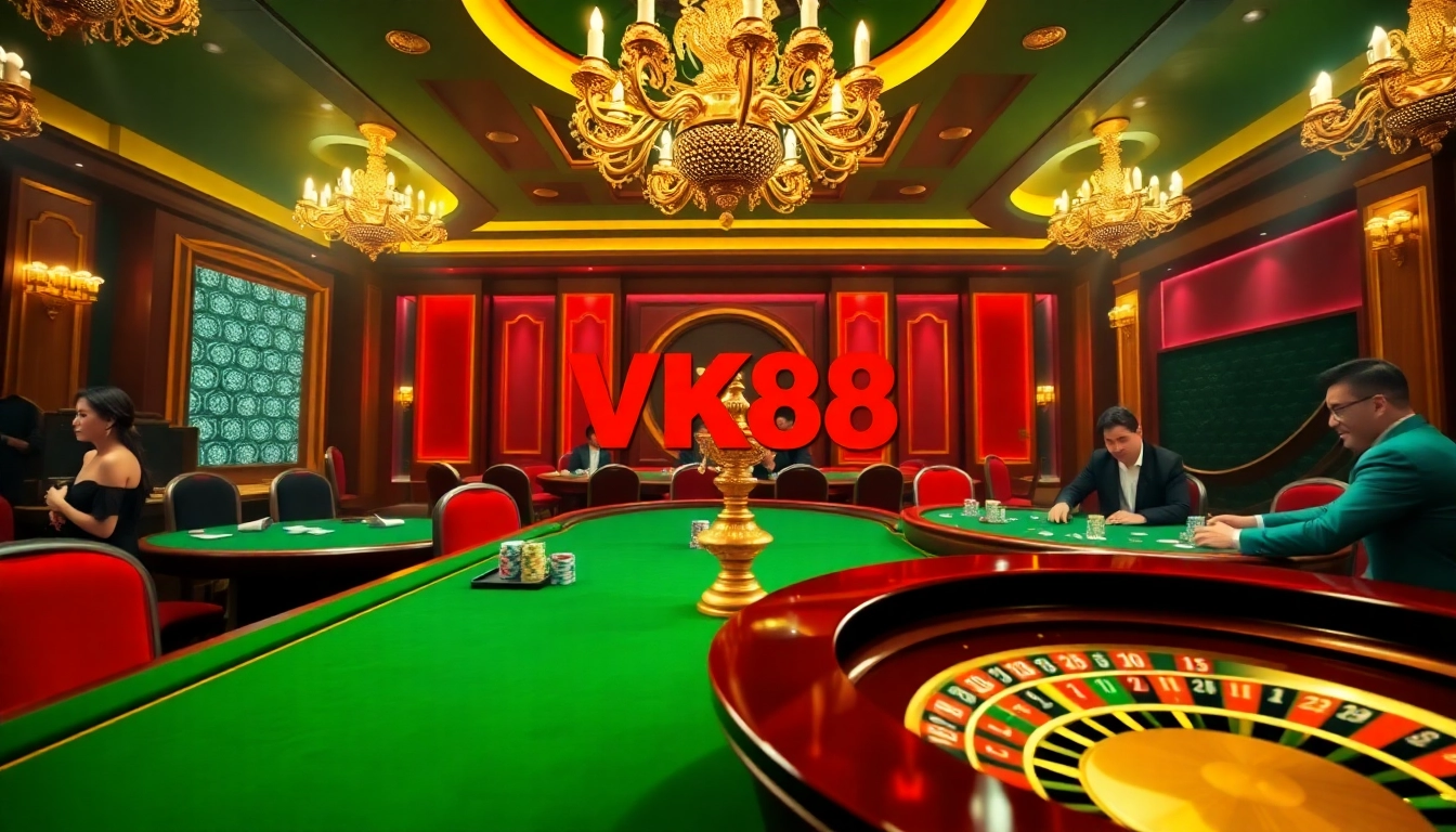 Experience thrilling gameplay at VK88’s luxurious online casino with vibrant poker tables.
