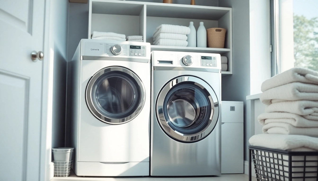 Organized laundry room showcasing a modern laundry machine and neatly arranged supplies.