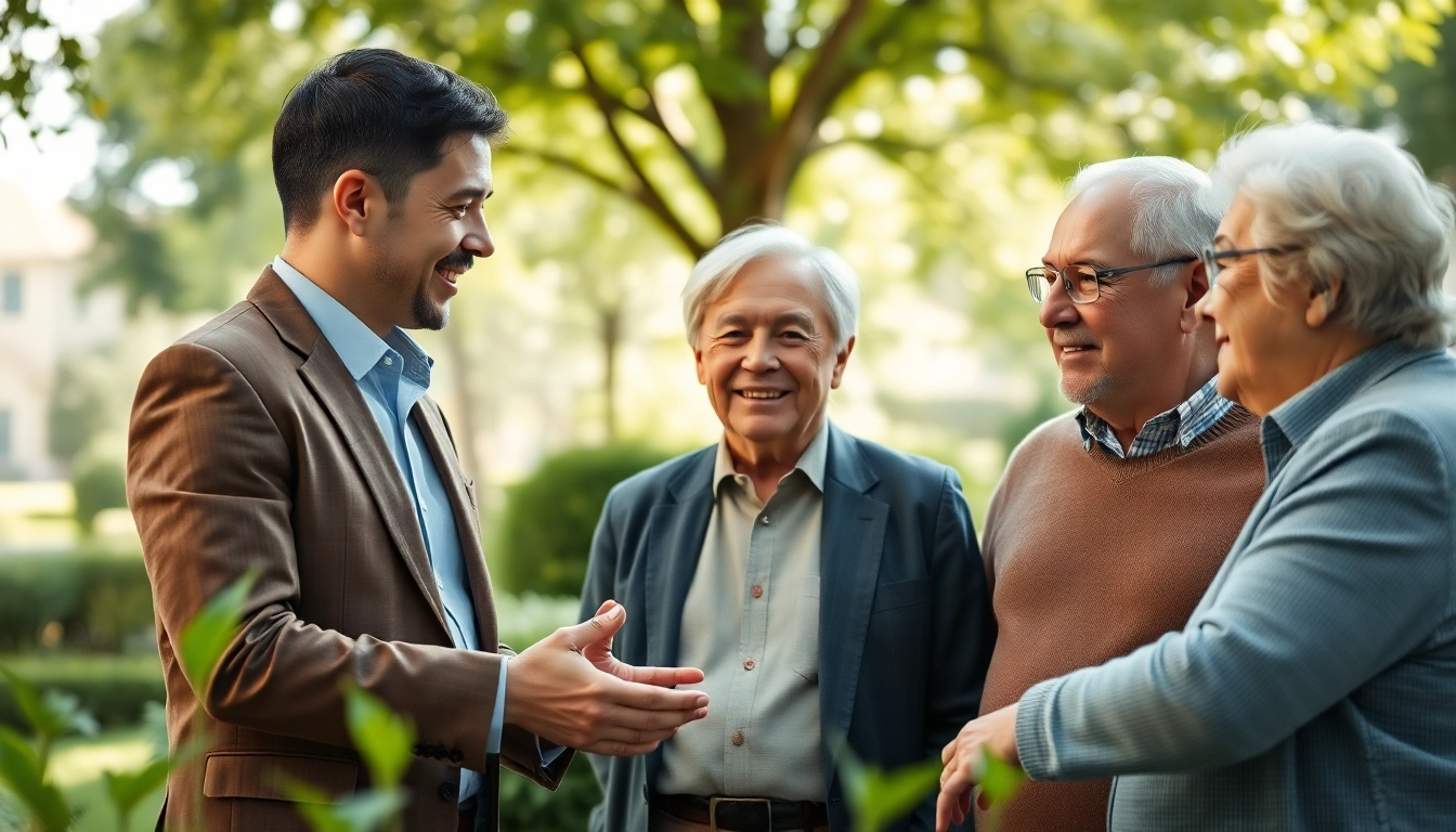 Engaging scene on https://frontidas.com illustrating retirement planning support for seniors in a community park.
