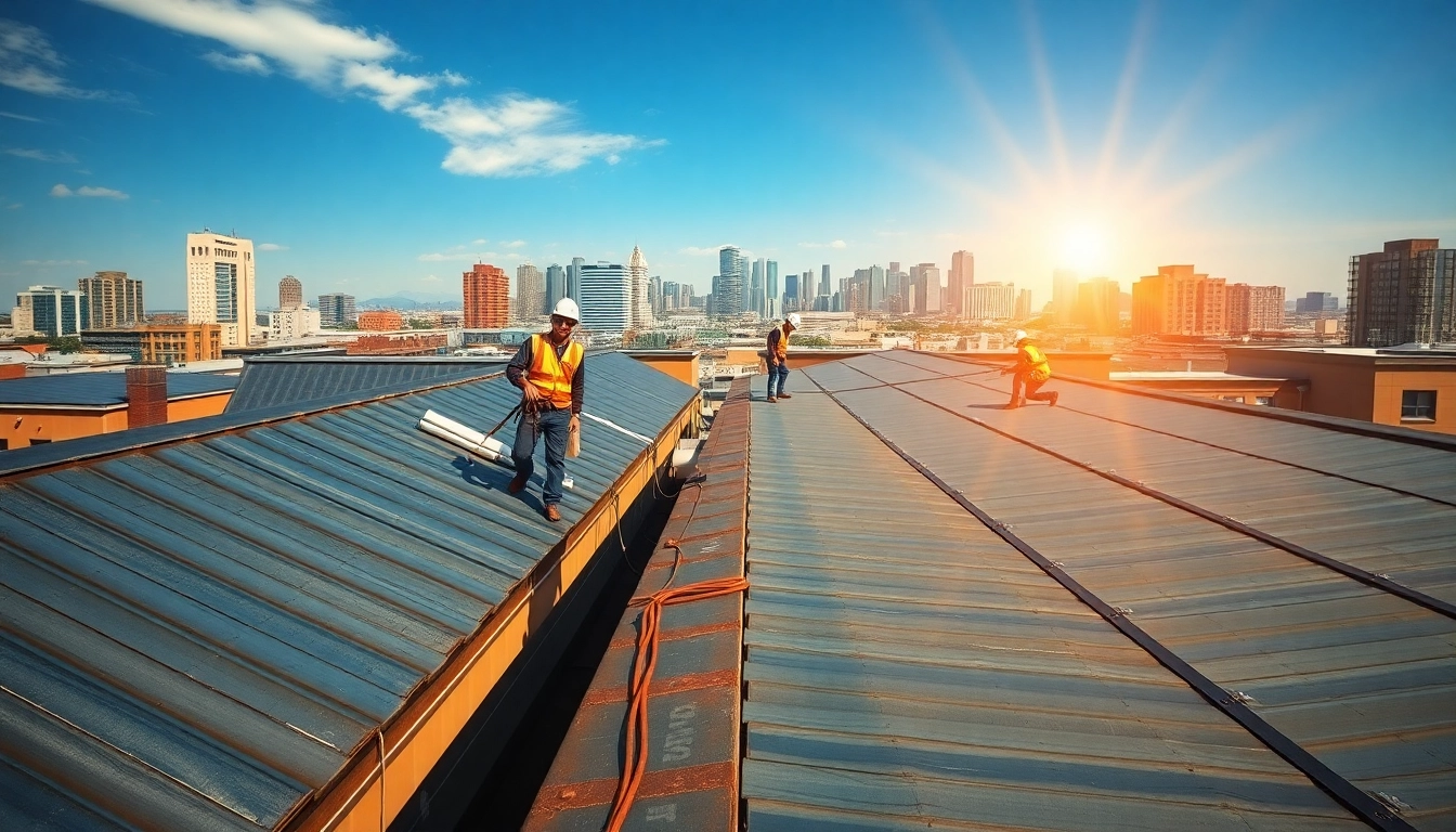 Showcasing professional commercial roofing installation with a vibrant urban backdrop.