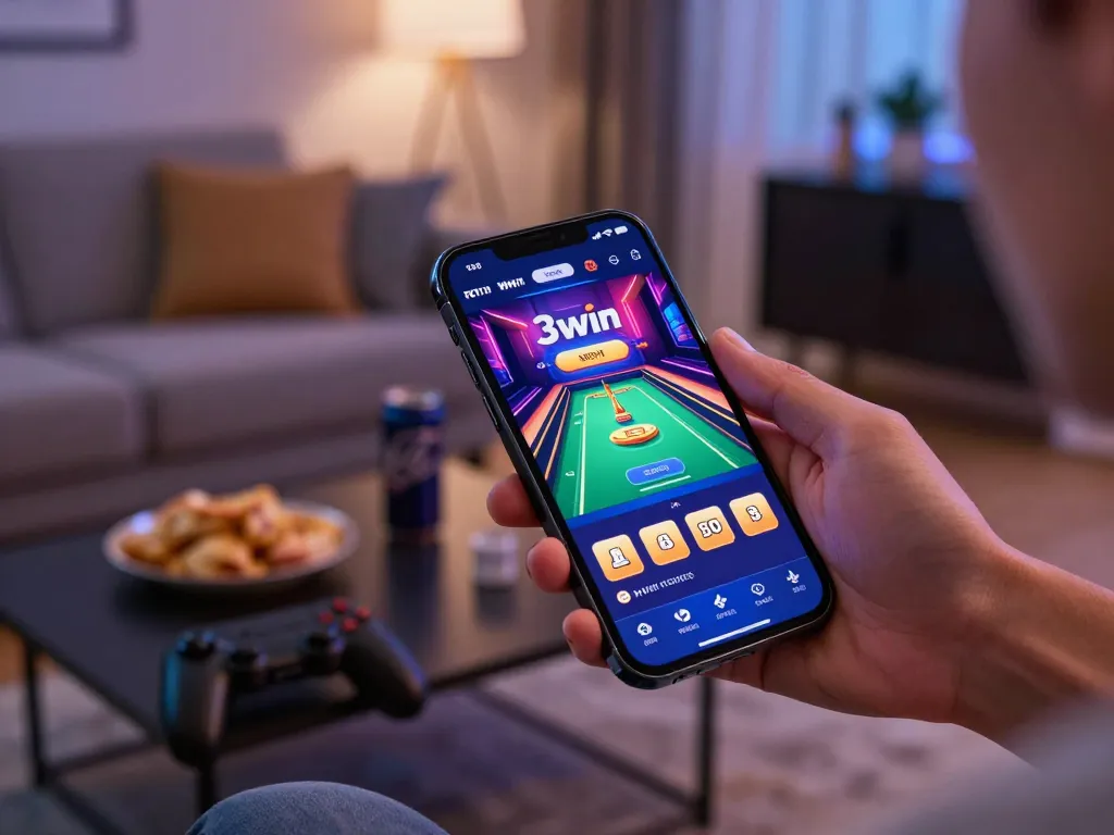 Engaging in the 3win game on a smartphone, displaying vibrant casino features in a cozy living room
