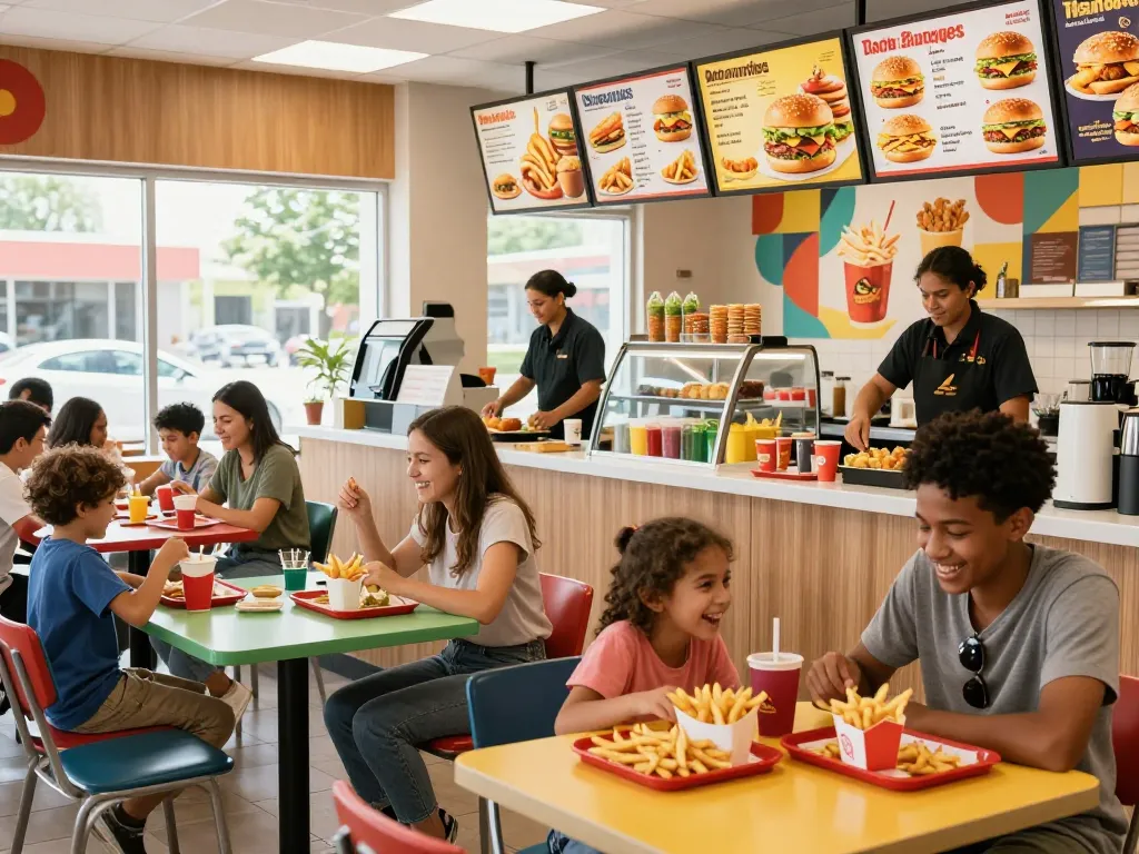 Fast food prices displayed prominently in a busy restaurant setting with customers enjoying meals.