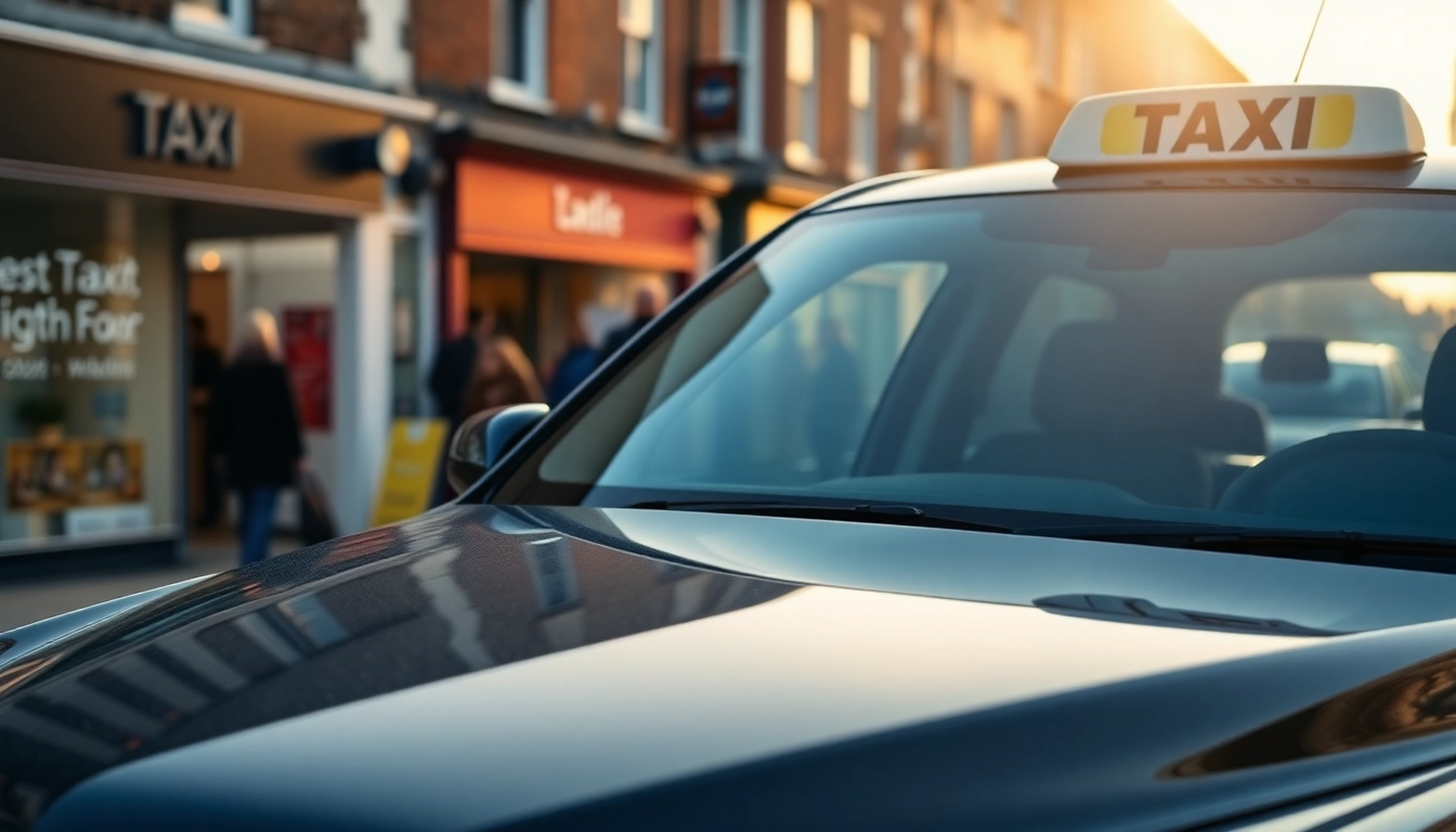 Efficient West Bridgford Taxi waiting on a vibrant street during golden hour.