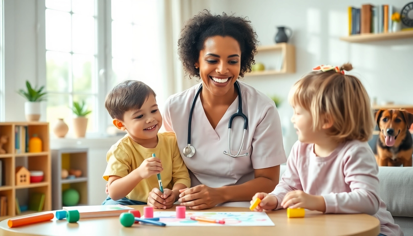 Hire a nanny in Abu Dhabi, showcasing a professional nanny happily engaging with children in a cozy home.