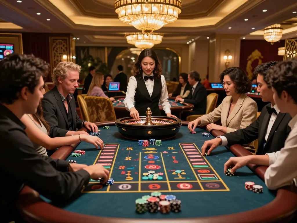 Players engaged at the roulette table at xx88 casino, showcasing excitement and vibrant atmosphere during gameplay