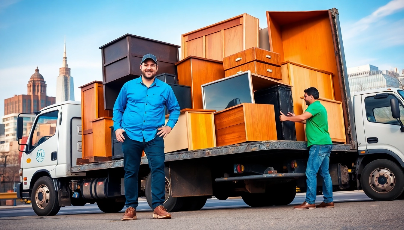 Efficient junk removal Nashville TN team loading unwanted items into a truck against the city skyline.
