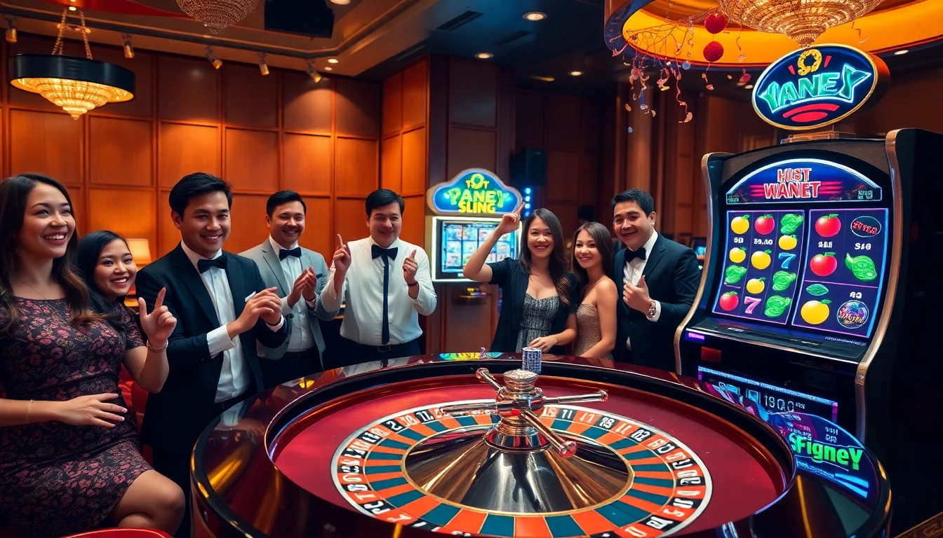 Players enjoying Slot Terpercaya games at a vibrant casino, highlighting excitement and professionalism.