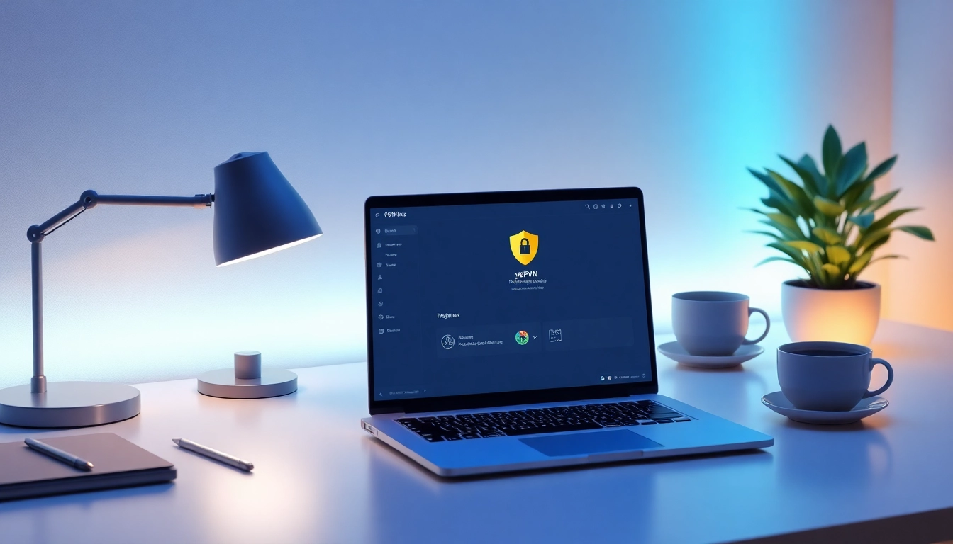快连VPN interface displayed on a modern laptop in a serene workspace, symbolizing easy and secure internet access.
