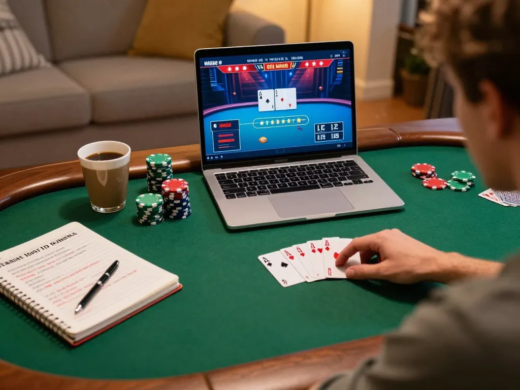 Manclub player strategically placing bets on poker game at home, cozy atmosphere.