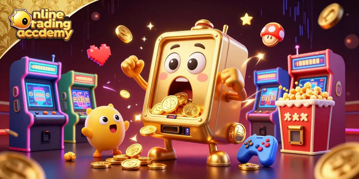 Spin the reels at the online trading academy with exciting 3D illustrations of slot machines and dynamic casino elements.