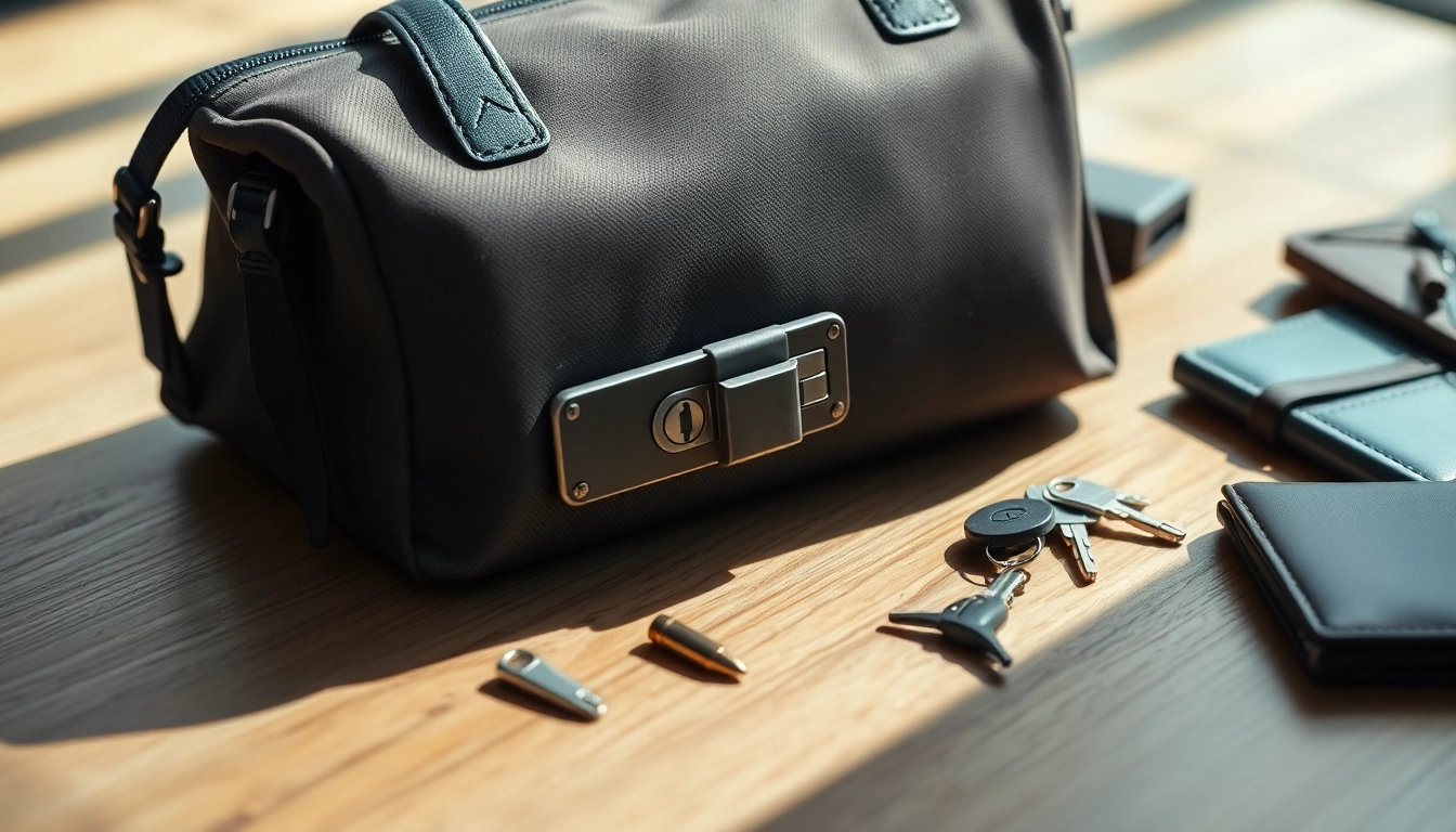 Hochwertige handy Tasche abschließbar auf Holzoberfläche, die Sicherheit und Stil vereint.