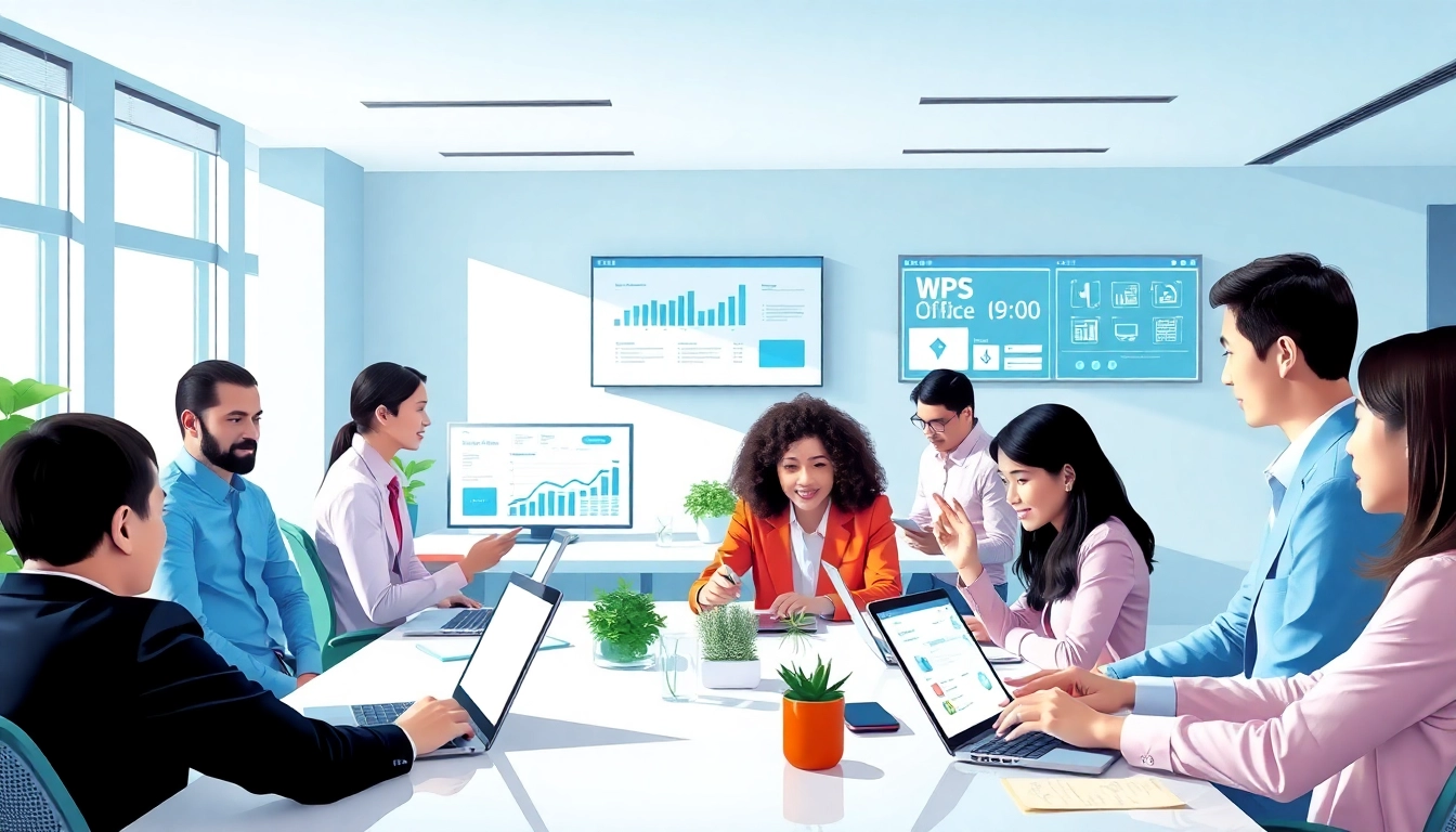 一组团队在现代工作空间中使用WPS Office，展示软件协作。