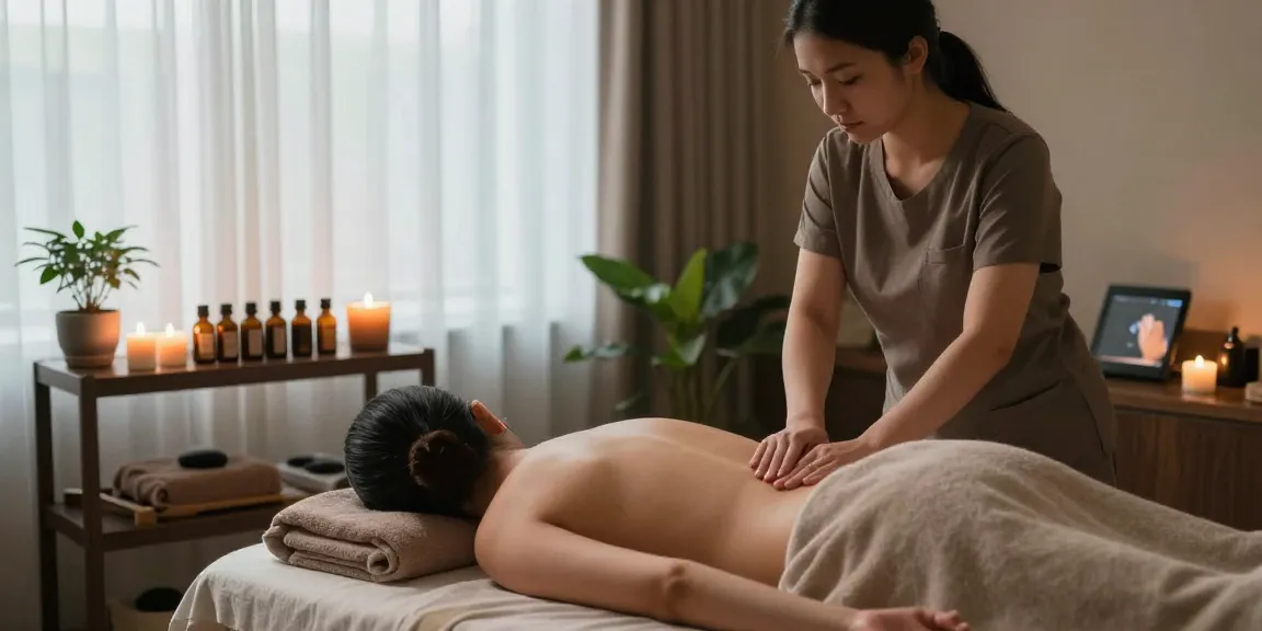 마사지 테라피 전문가가 편안한 스파 환경에서 고객에게 스웨디시 마사지를 제공하는 모습