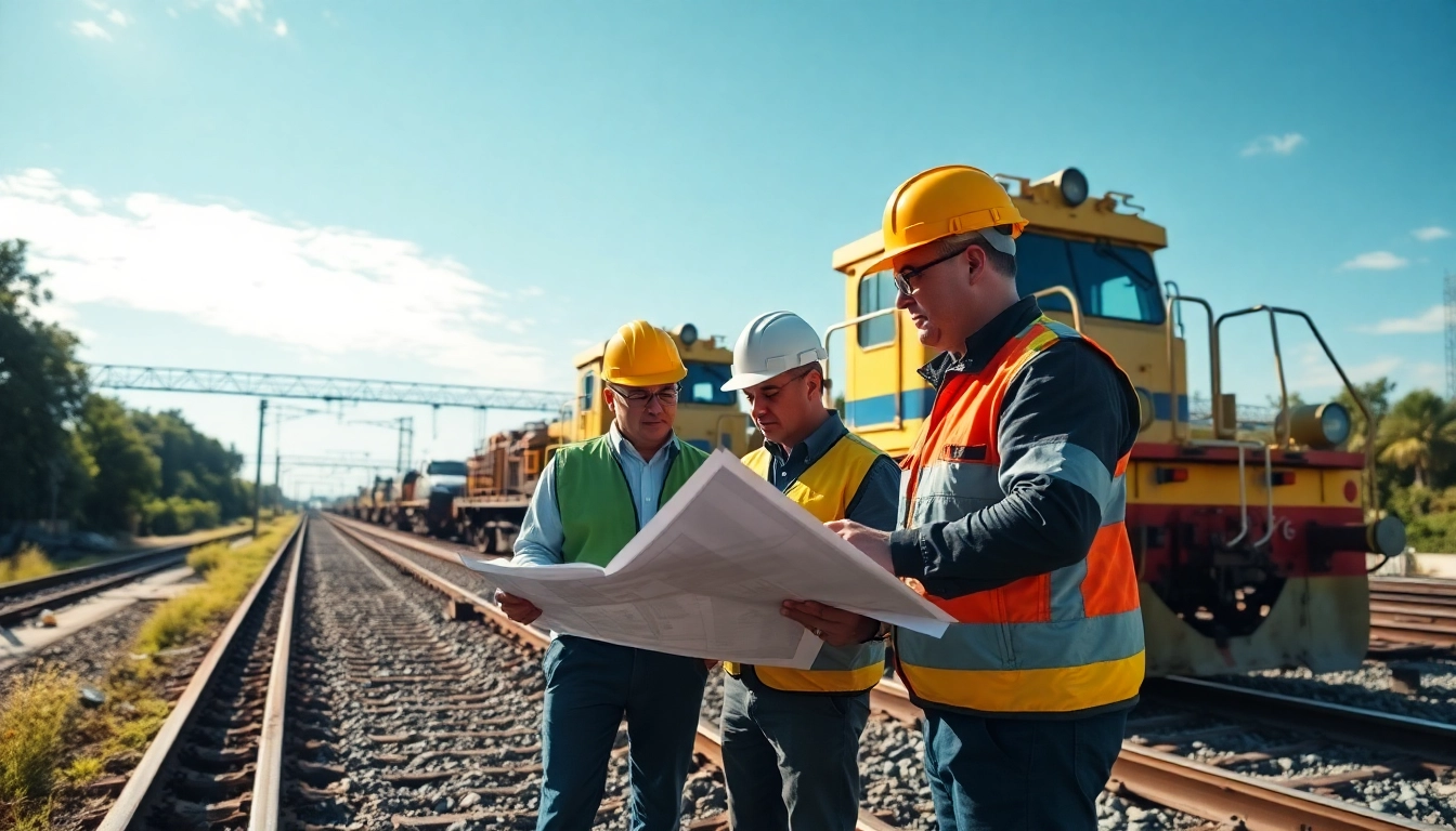 Collaborating engineers on an OWS rail project, surrounded by machinery, showcasing teamwork.