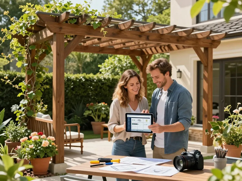 couple using pergola configurator software in a beautiful outdoor garden setting