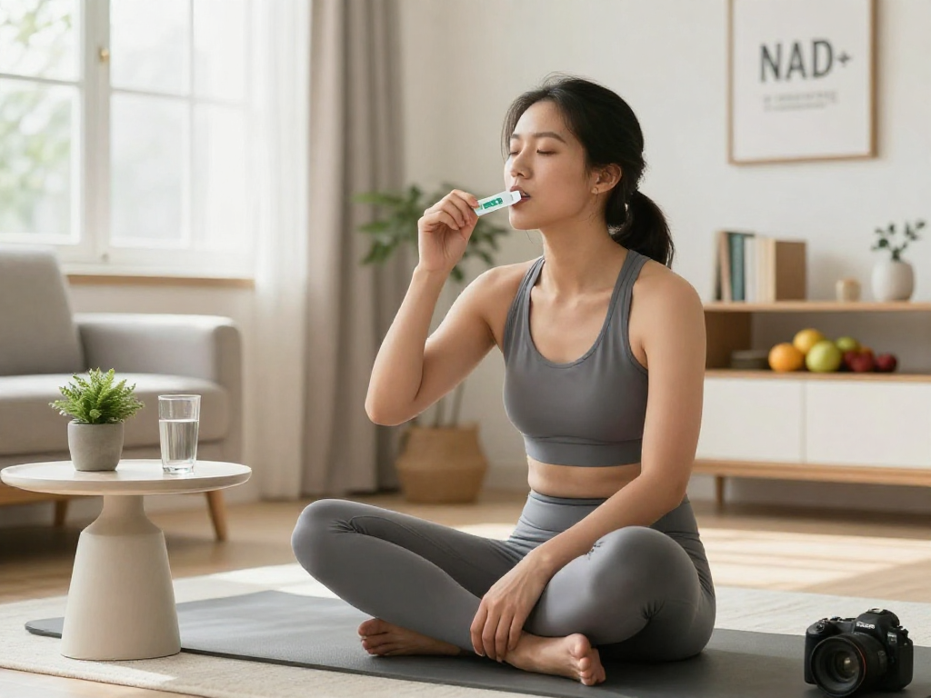 Individual consuming NAD+ benefits through a Restore Blend Peptide Buccal Strip in a serene wellness setting