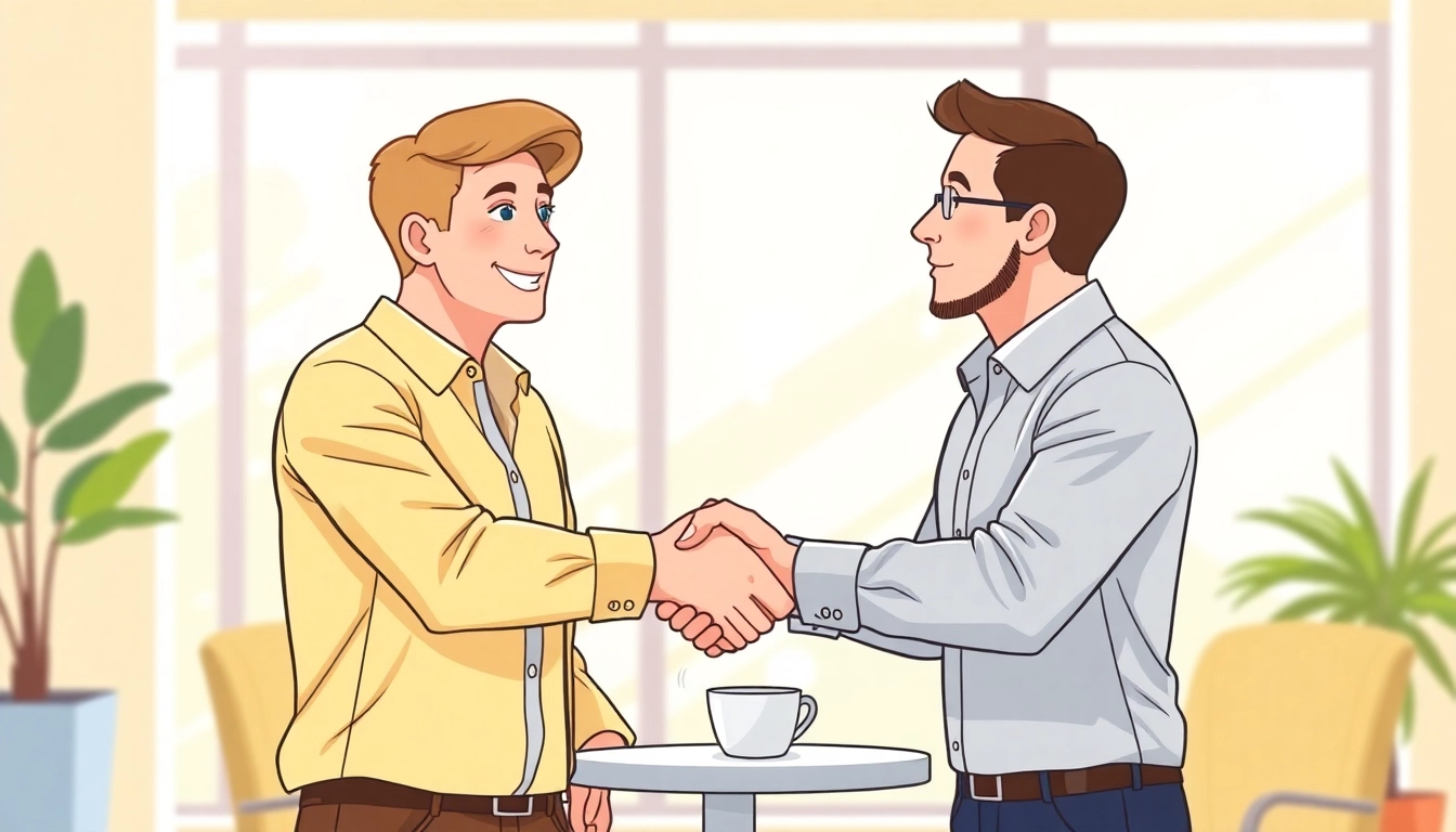 Two people exemplifying why do we say break the ice by shaking hands in a friendly office environment.