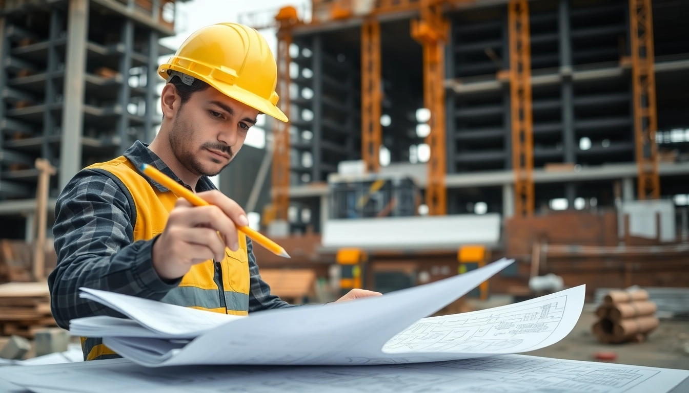 Construction apprenticeship: A focused apprentice working on blueprints at a busy construction site.