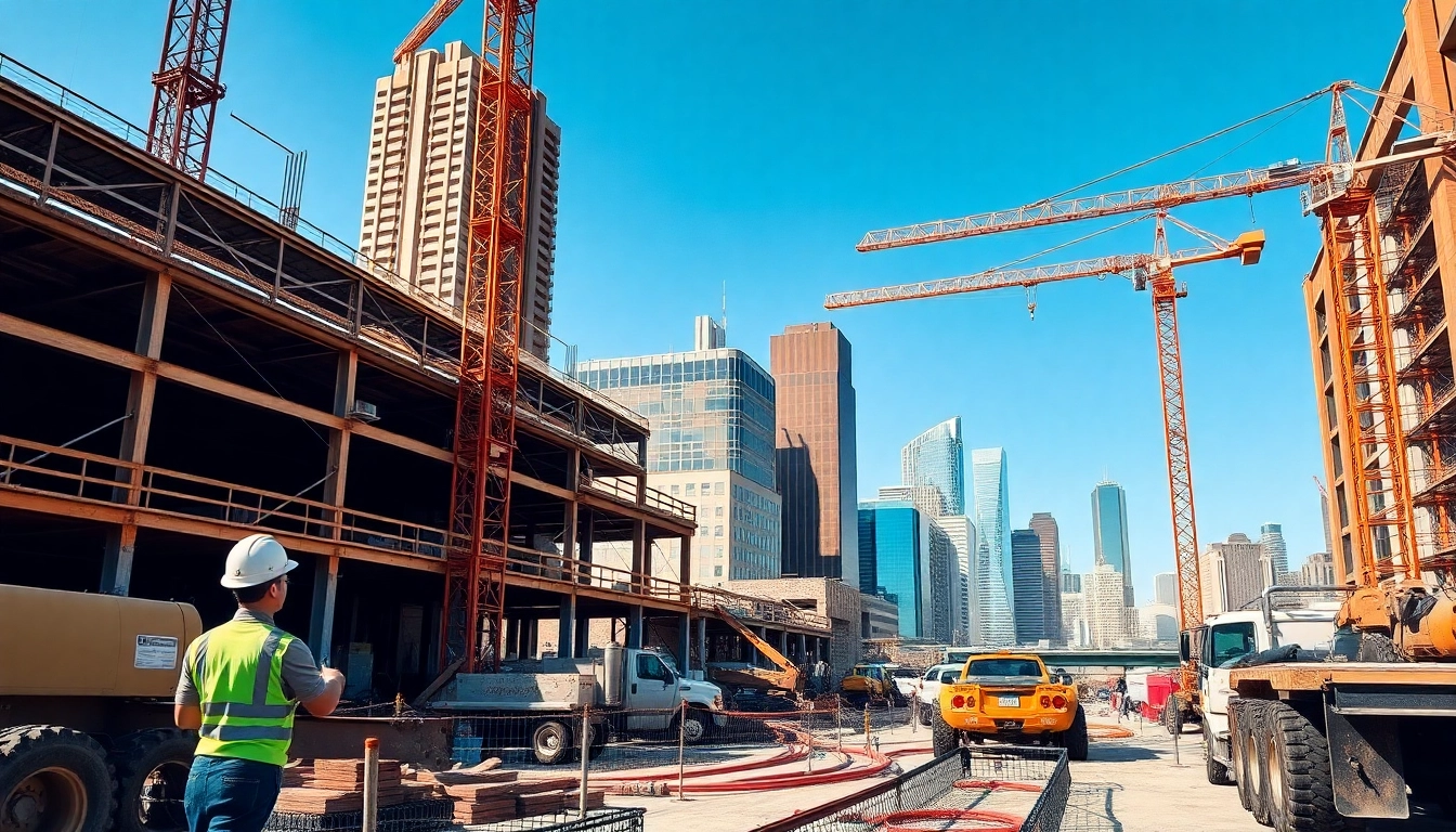 Engaging depiction of Texas construction news with bustling workers and active machinery.