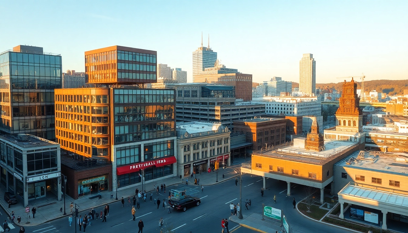 Commercial Real Estate landscape in Pittsburgh during golden hour with modern buildings and business professionals.