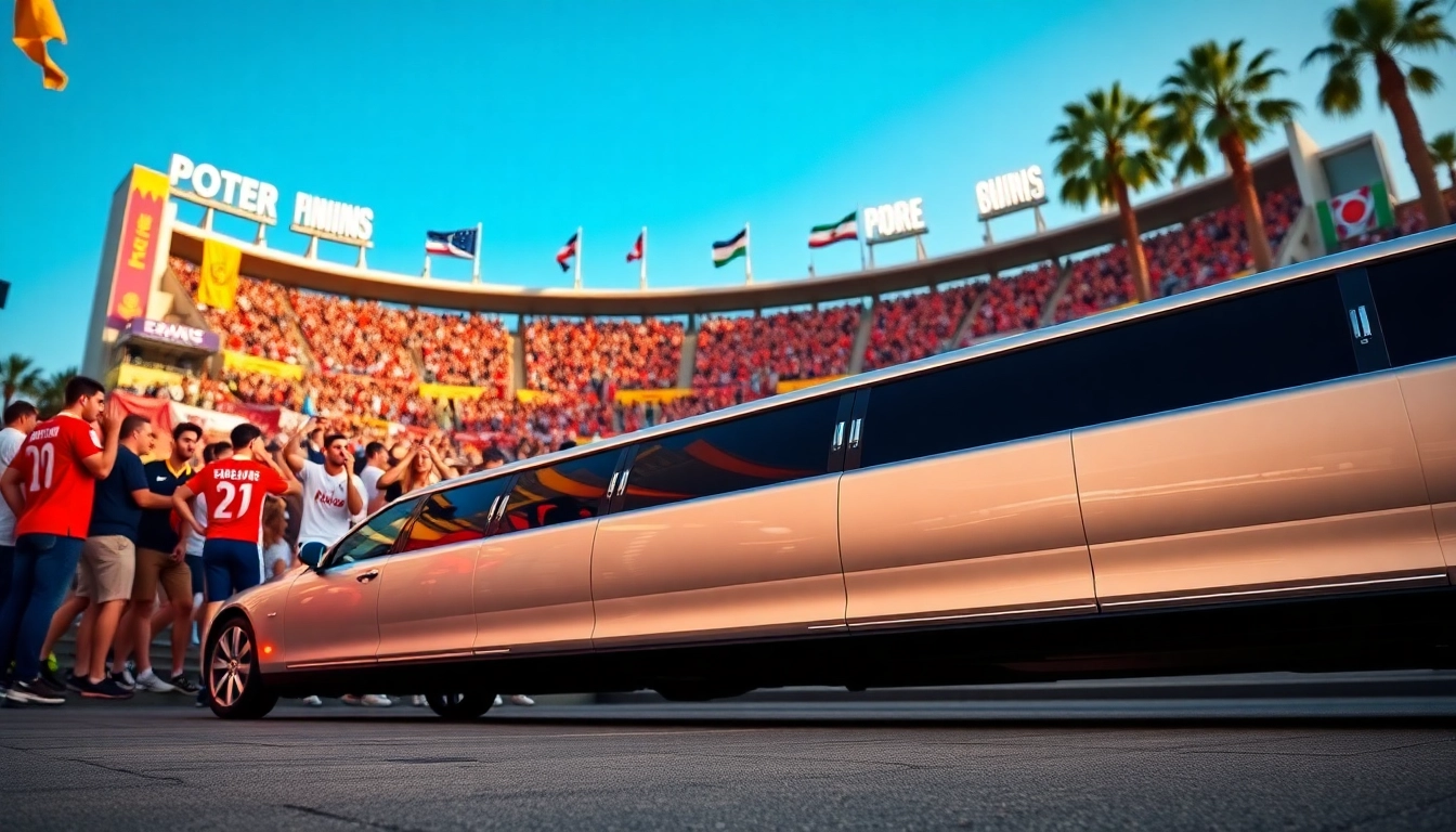 Premium World Cup Group Transportation in a luxury limousine parked outside a vibrant stadium in Los Angeles.