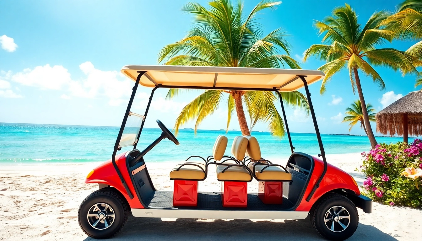 Rent a colorful golf cart for your adventure in San Pedro Belize with stunning beach views.