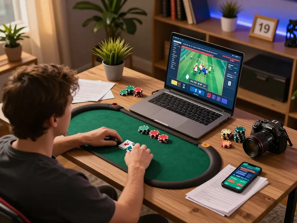 w 88 poker game in an inviting home office with vibrant gaming interface and cozy lighting