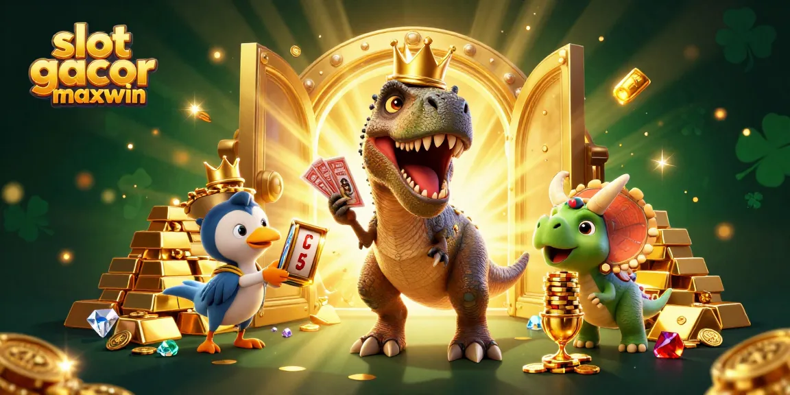 Engage with slot gacor maxwin in this vibrant casino scene featuring charming cartoon dinosaurs.