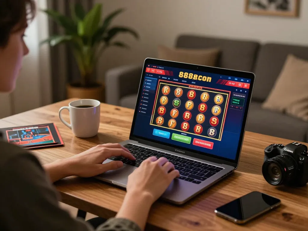 Engaged player winning big on 888now com while gambling online from the comfort of home.